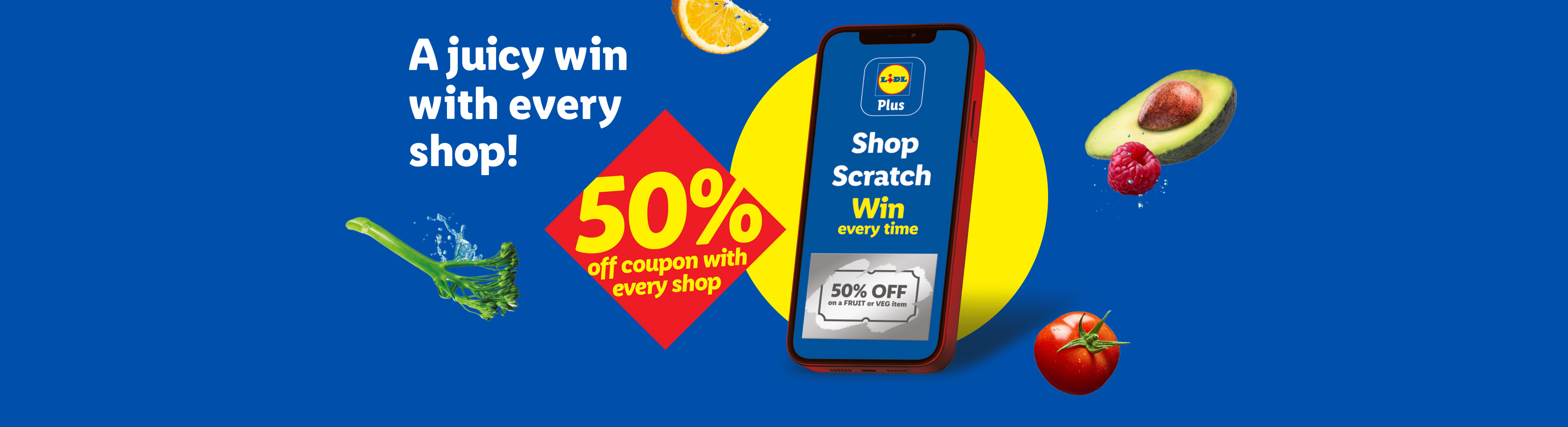 A phone displaying a 50% off coupon for fruit or veg, surrounded by fresh produce.
