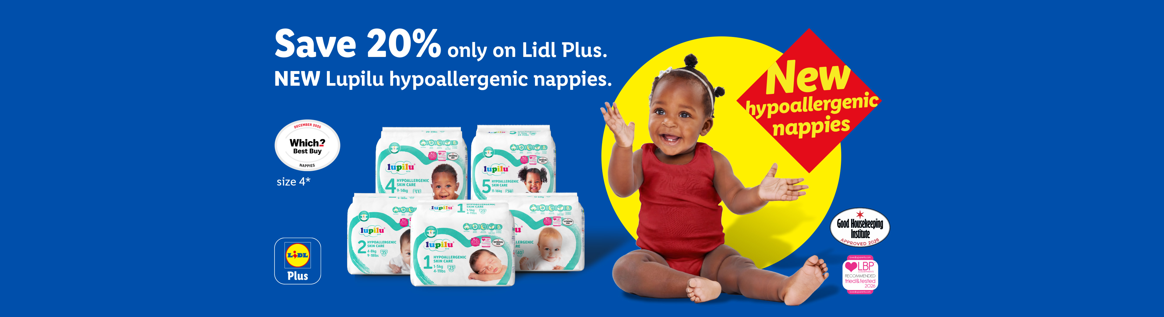 Baby in red, surrounded by hypoallergenic nappies, with a 'Save 20%' offer on Lidl Plus.