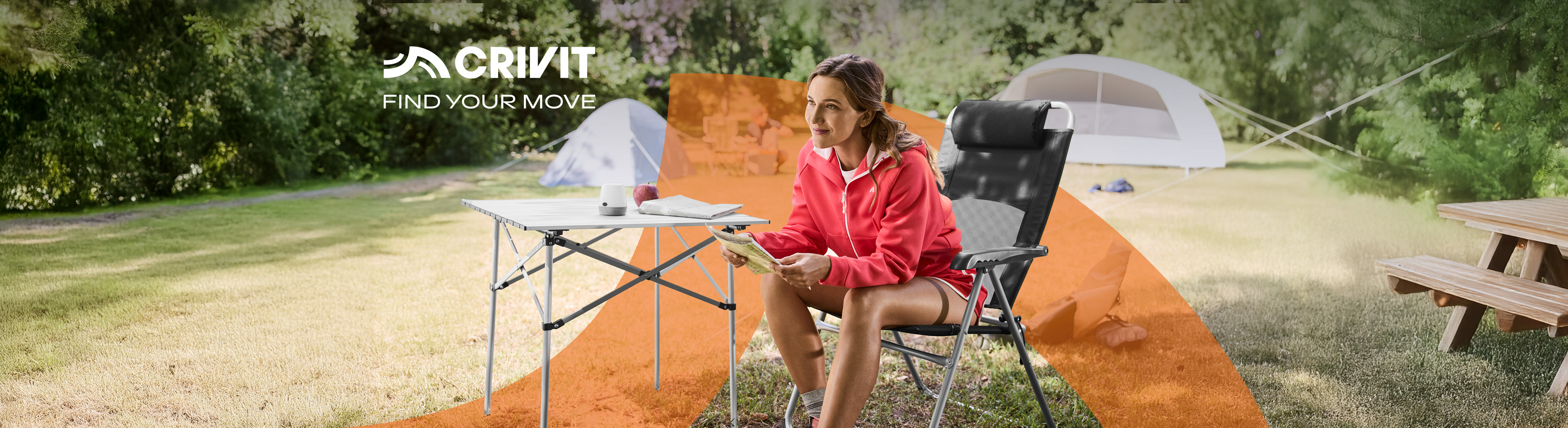 Woman relaxing in a camping chair at a campsite with a table and tents. Text: FIND YOUR MOVE.