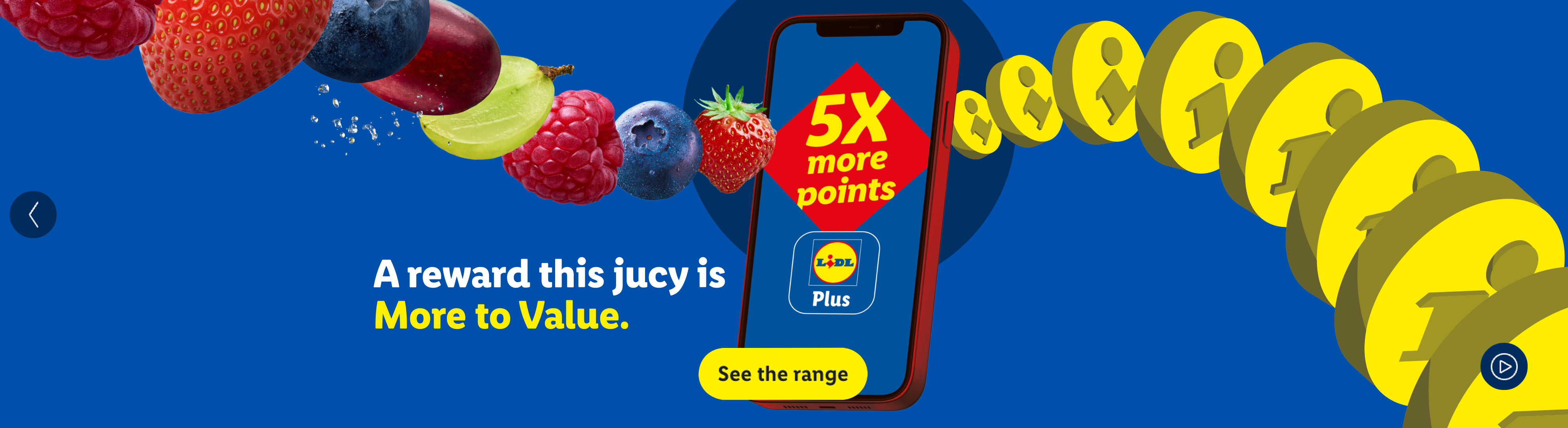 Fresh berries and grapes with water droplets, a smartphone displaying 5x more points, and gold coins.