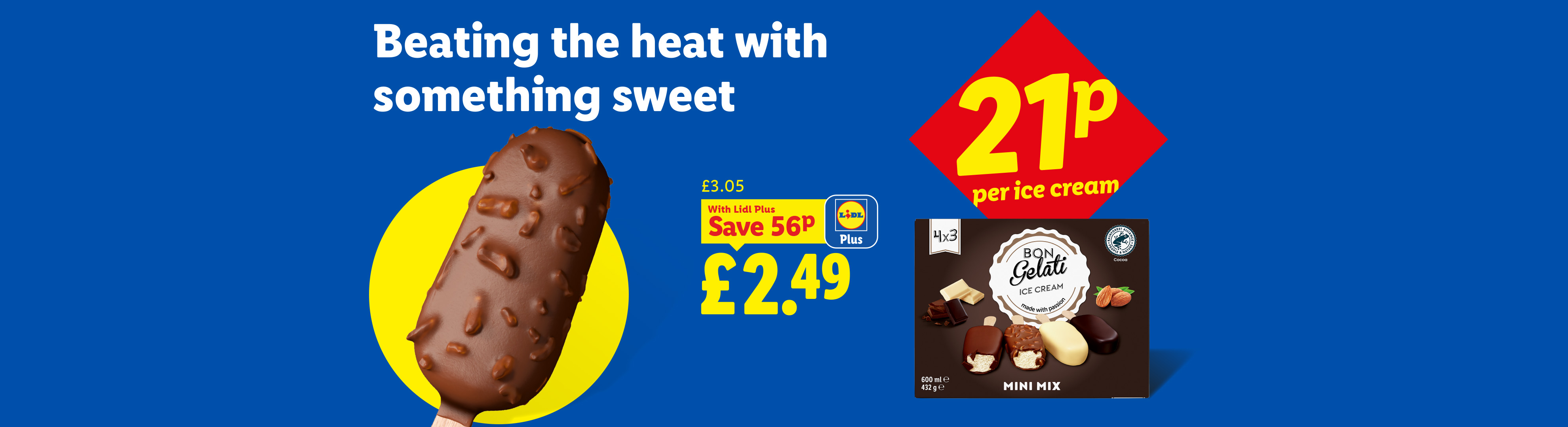 Ice cream bar with nuts and a box of mini ice cream bars, with text 'Beating the heat with something sweet' and prices.