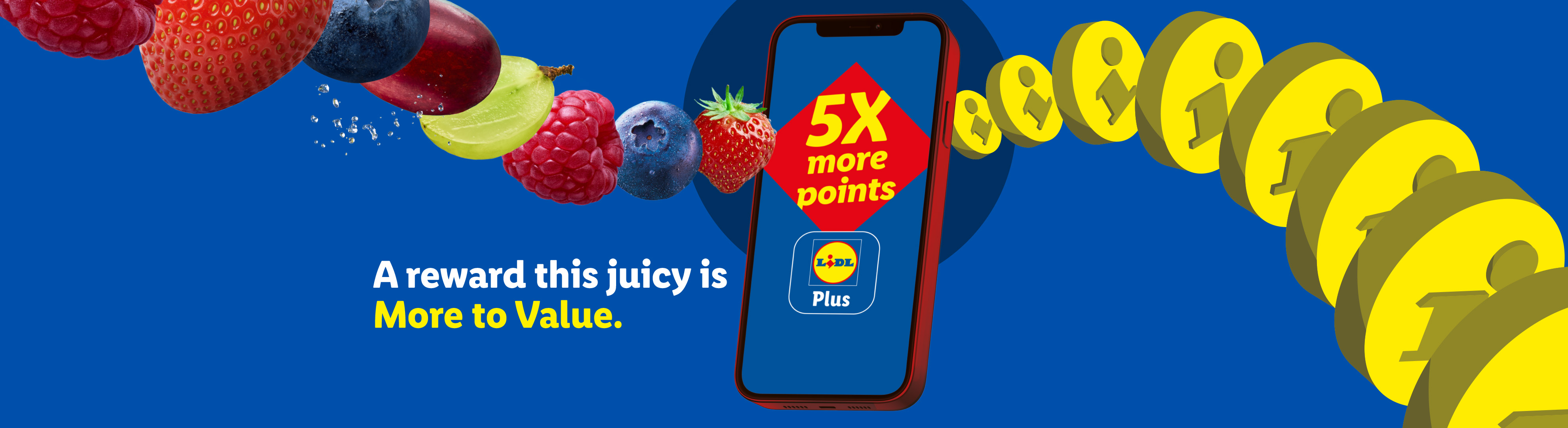 Fresh berries and grapes with water droplets, a smartphone showing '5X more points', and a trail of gold coins.