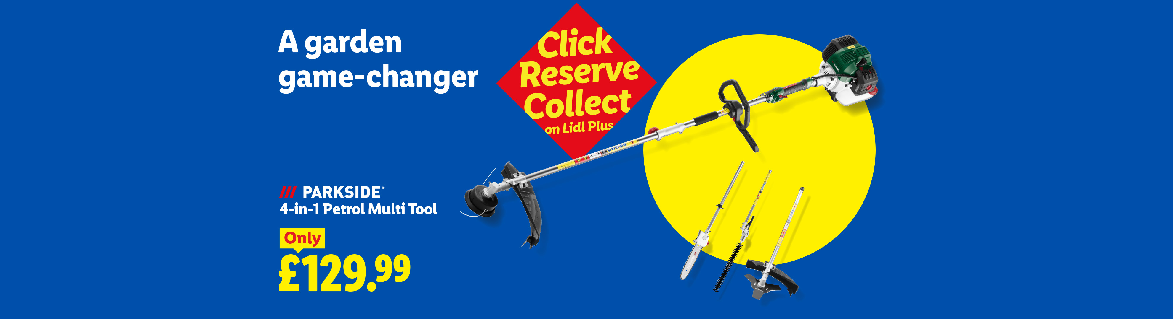 A garden multi-tool with various attachments, including a strimmer, hedge trimmer, and chainsaw, priced at £129.99.