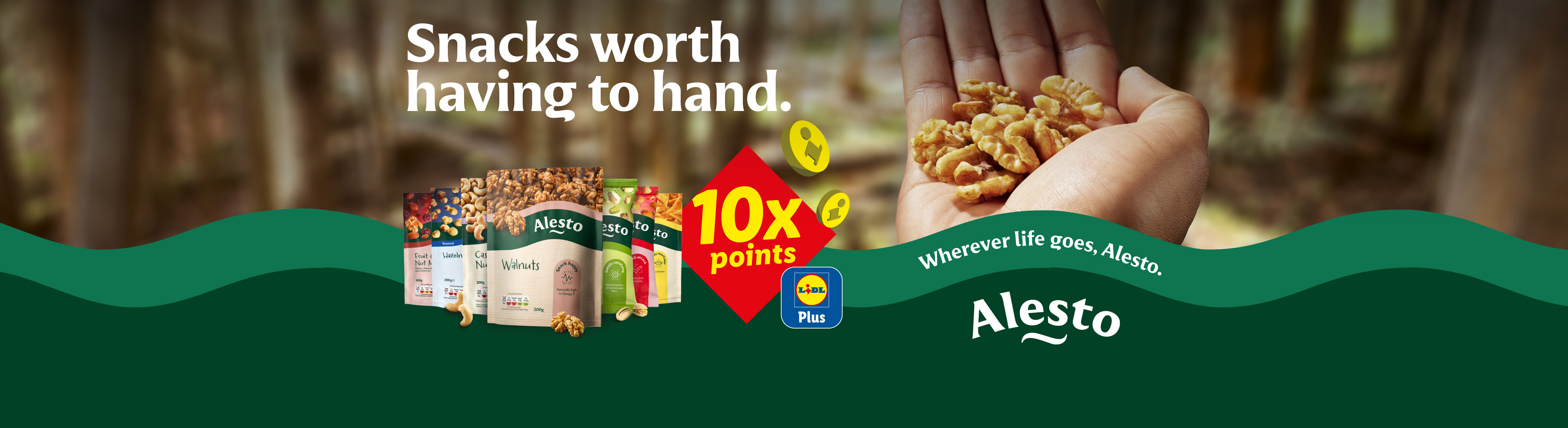 Various nut and snack bags, including walnuts, cashews, and hazelnuts, with a hand holding walnuts, and a '10x points' offer.