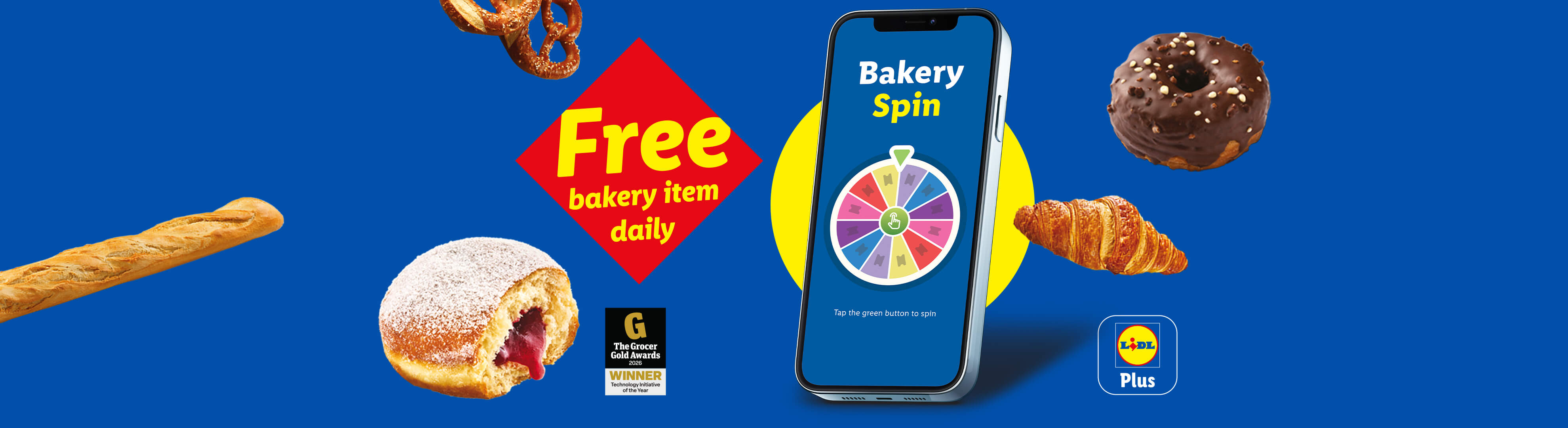 A variety of baked goods and a phone displaying a 'Bakery Spin' game, offering a free bakery item daily.