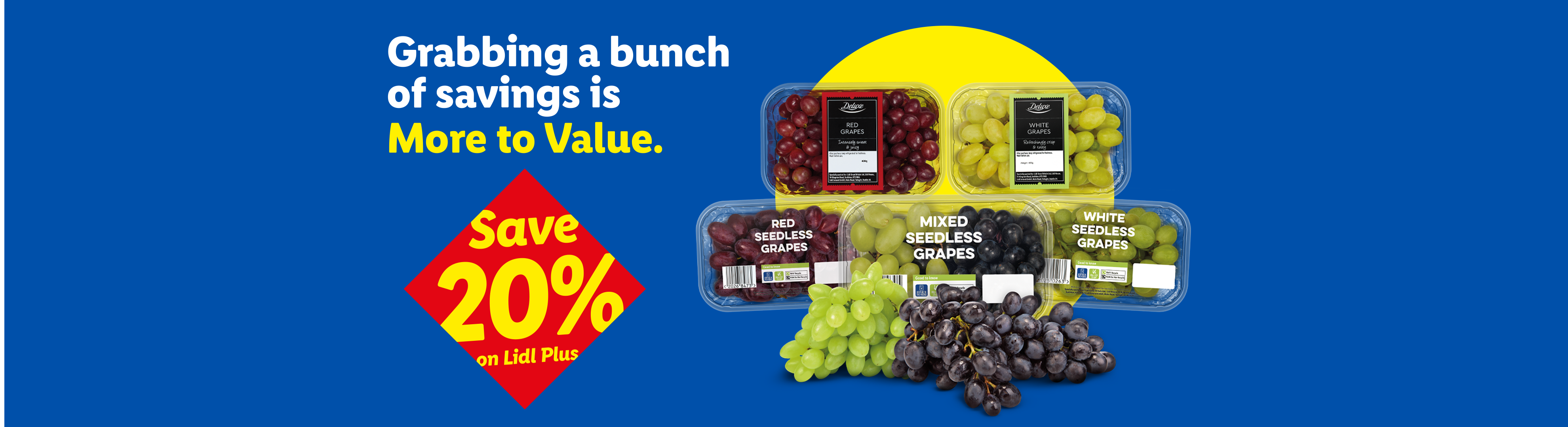 Lidl ad for grapes, offering 20% off with Lidl Plus, featuring red, white, and mixed seedless grapes.