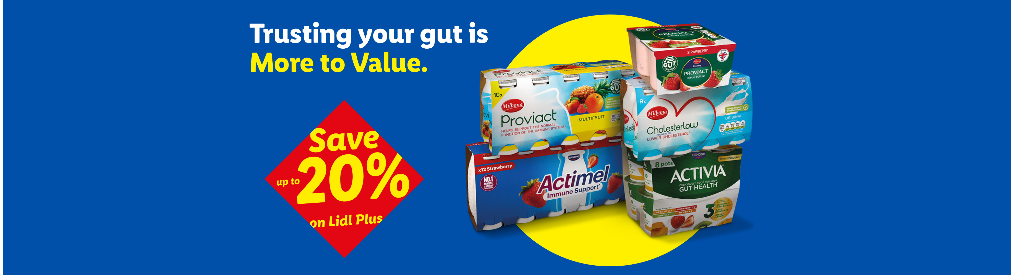 Lidl promotion for gut health products, including Milbona Proviact, Cholesterlow, Actimel, and Activia, with a 'Save up to 20% on Lidl Plus' offer.