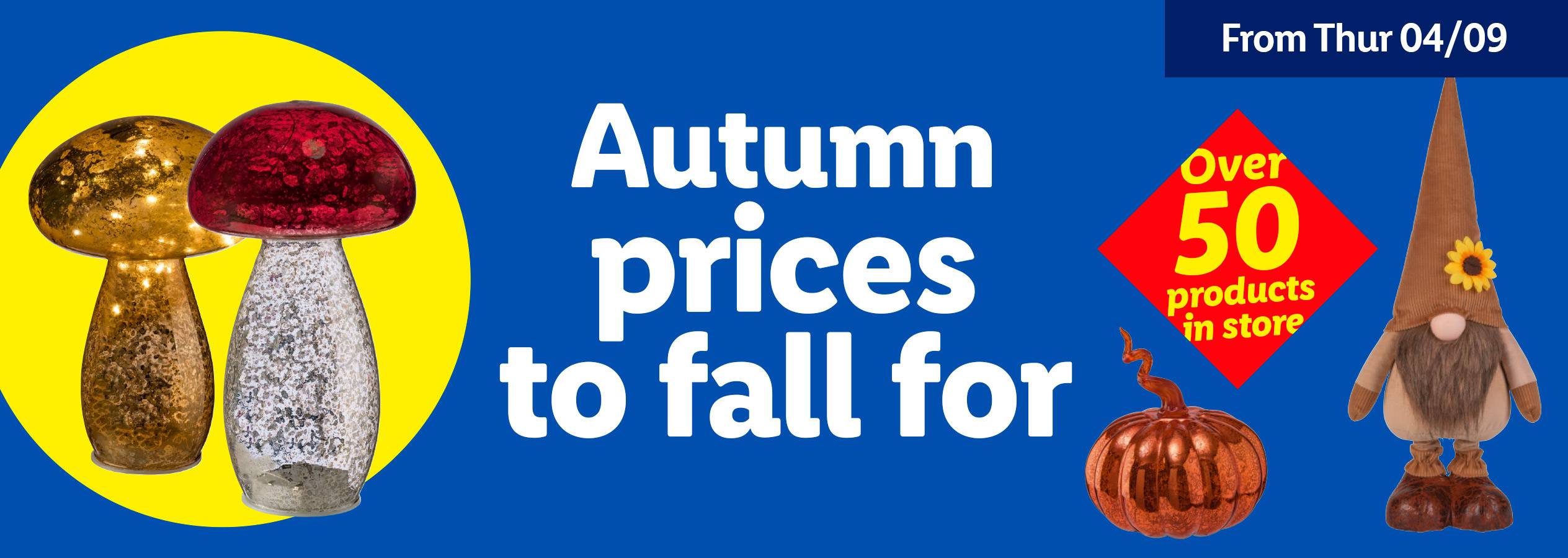 Autumn sale banner with decorative mushrooms, pumpkin, and gnome.