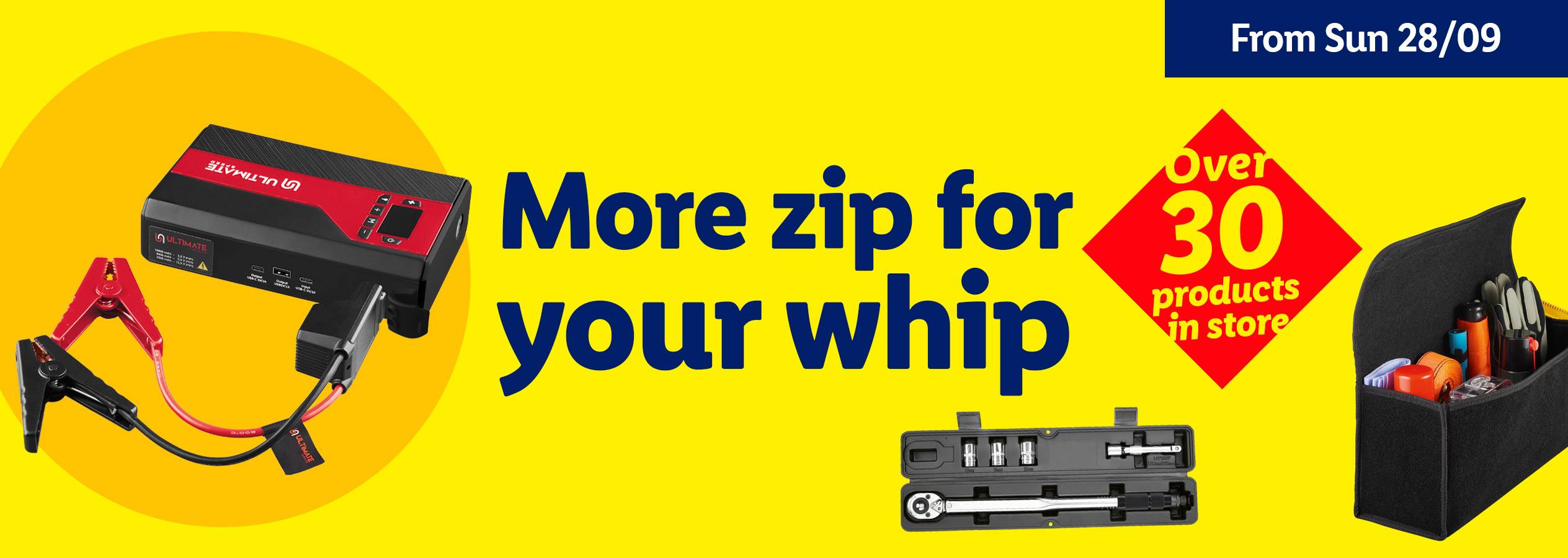 A jump starter, torque wrench, and car organizer with the text 'More zip for your whip' and 'Over 30 products in store'.