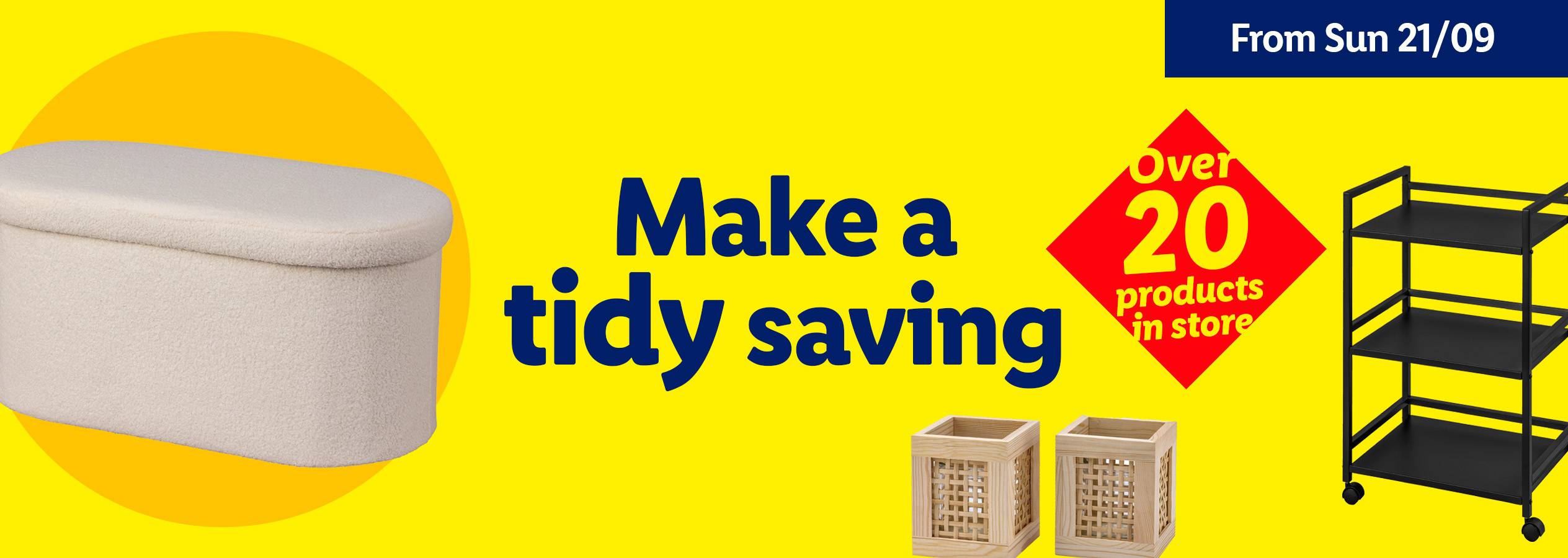 A promotional image for storage solutions, featuring an ottoman, wooden boxes, and a rolling shelf.