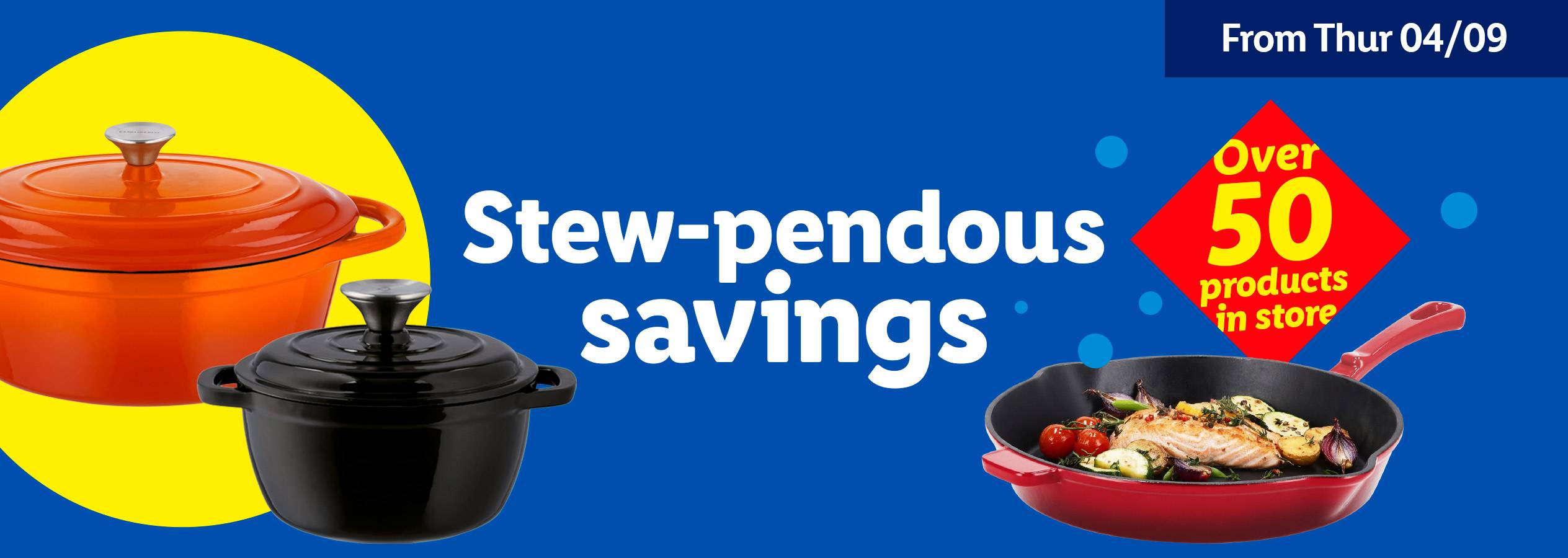 Cast iron cookware sale with orange and black dutch ovens, and a red skillet.