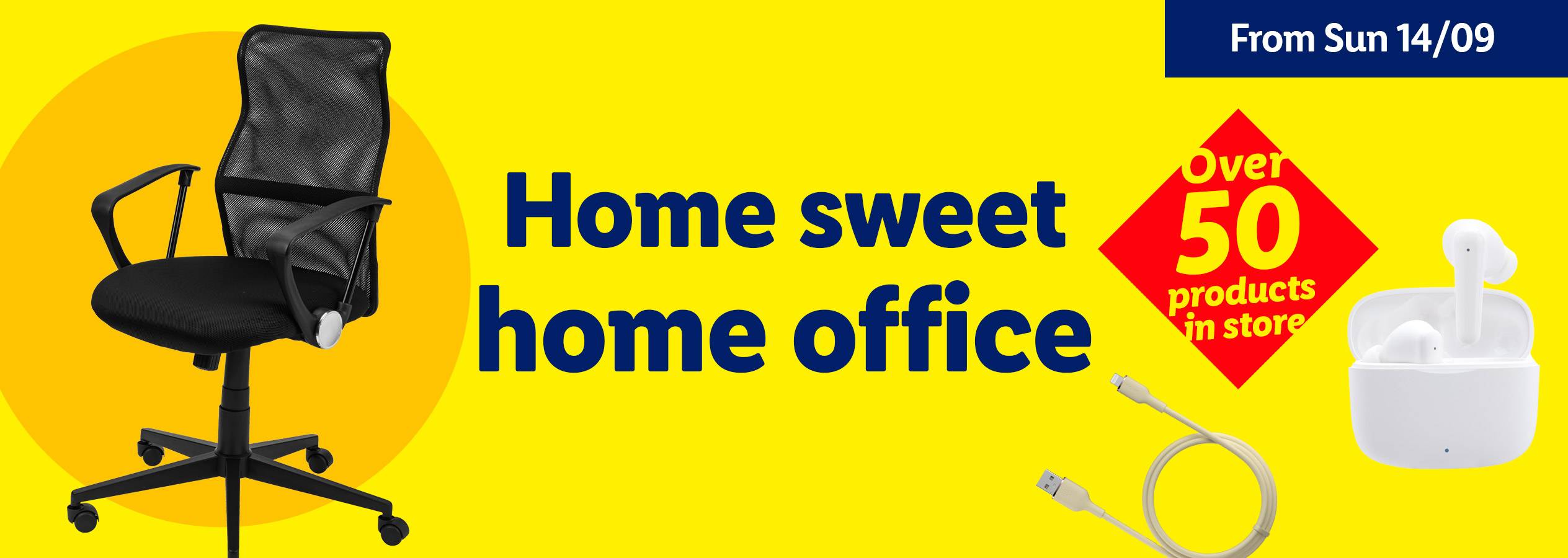 Home office products: an office chair, earbuds, and charging cables.