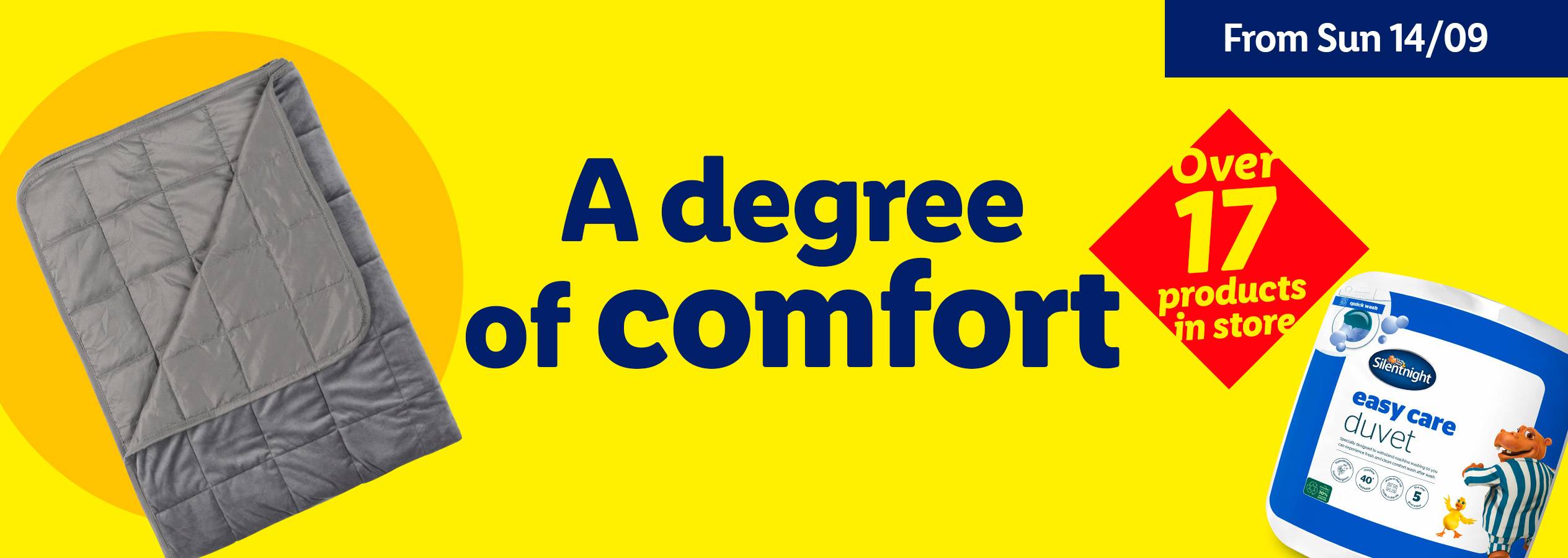 A gray quilted blanket and a Silentnight easy care duvet package with text: 'A degree of comfort' and 'Over 17 products in store'.