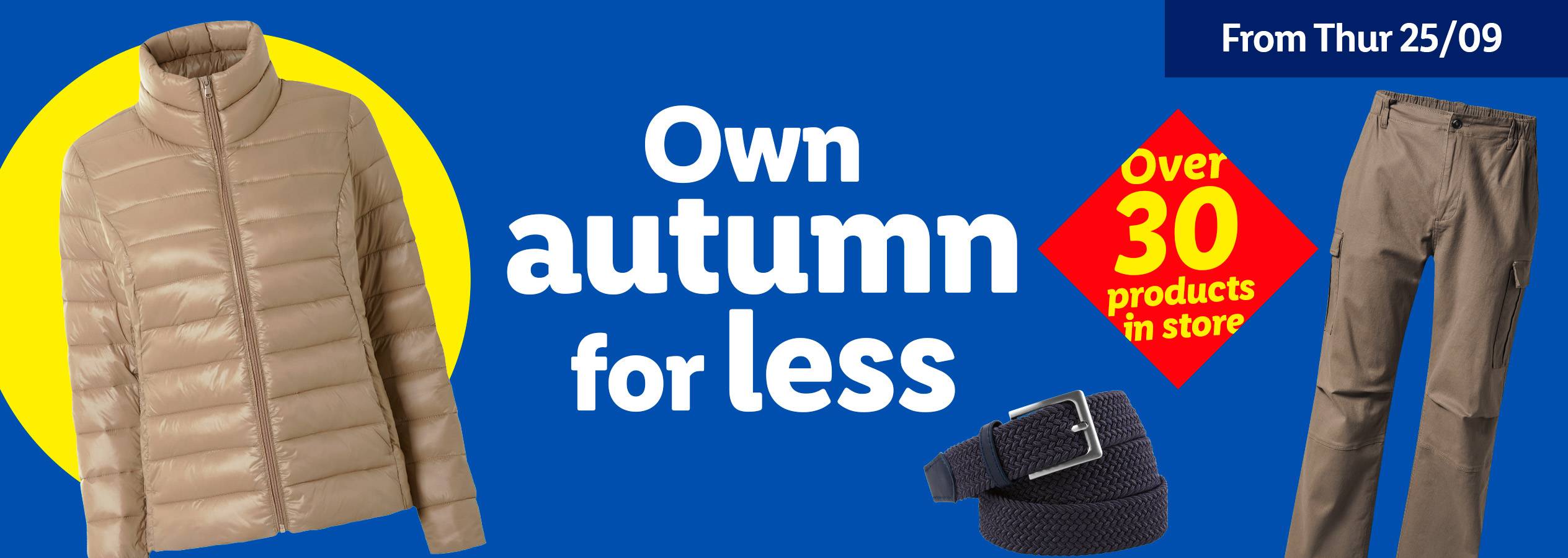 A beige puffer jacket, a dark blue belt, and brown cargo pants with text: 'Own autumn for less'