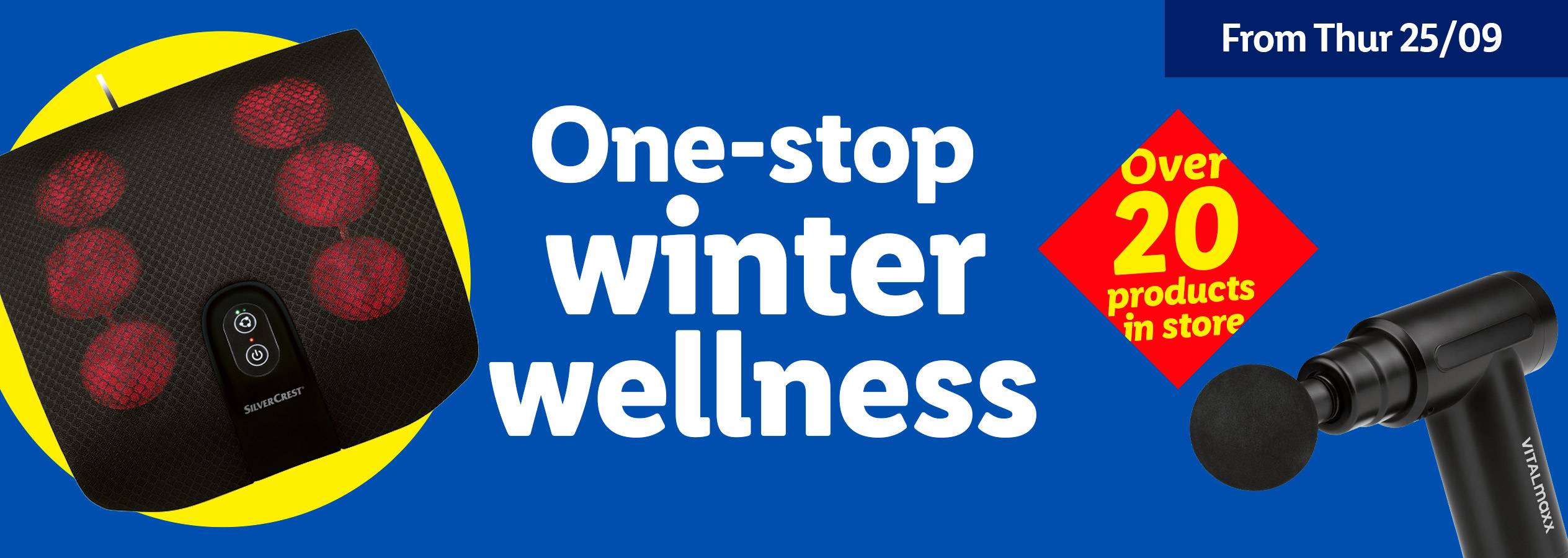 A foot massager and a massage gun are featured in a winter wellness promotion.