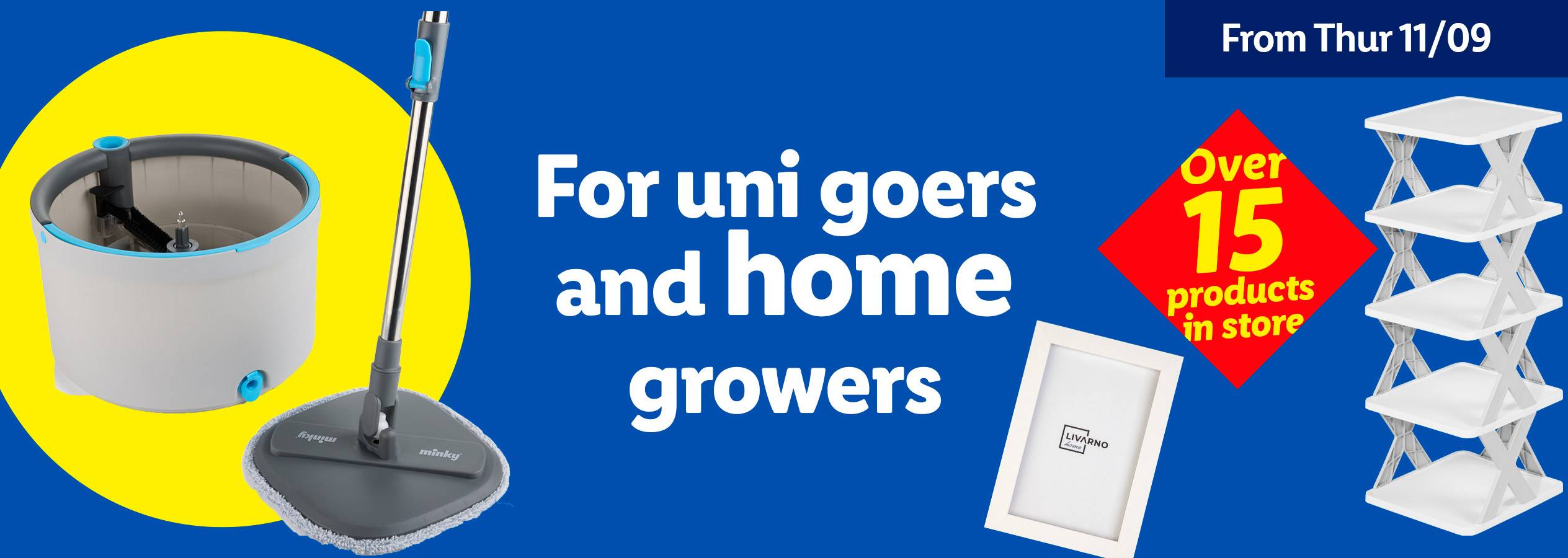 A Minky mop and bucket, a white photo frame, and a four-tier white shelf, with text about products for uni goers and home growers.