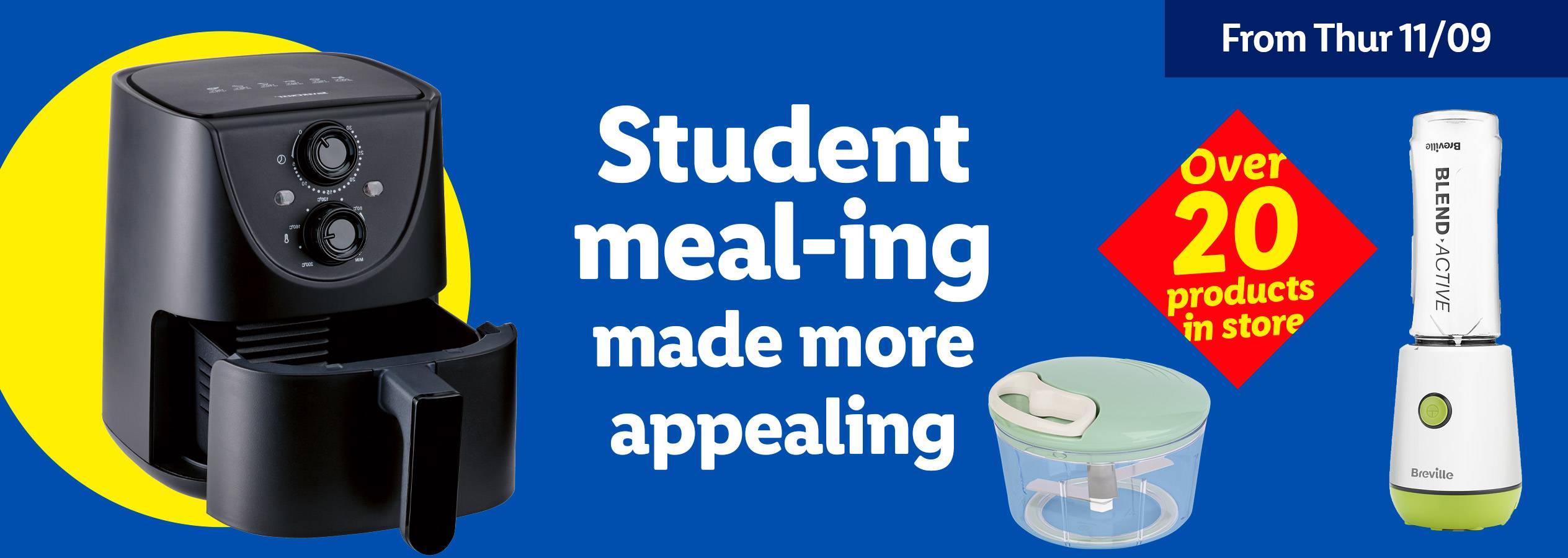 An air fryer, food chopper, and personal blender are featured with text about student meal appeal and over 20 products.