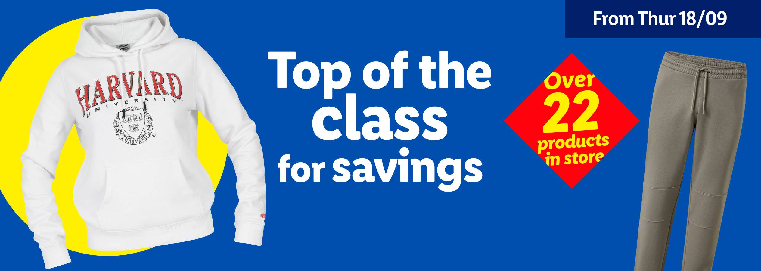 White Harvard University hoodie and grey sweatpants with text about savings.