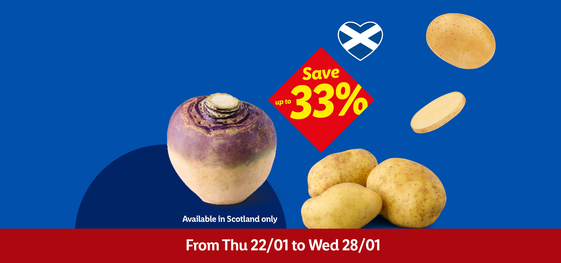 Carrots, swede, and potatoes with a 'Save up to 33%' offer, available in Scotland only from Thu 22/01 to Wed 28/01.