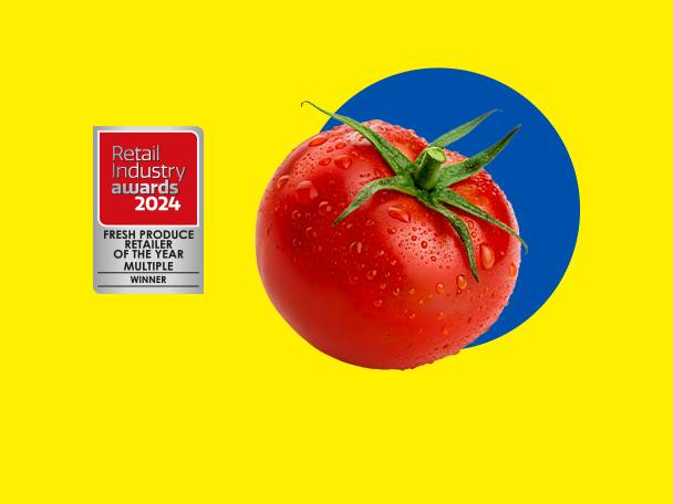 A red tomato with water droplets on a blue circle, next to a 'Retail Industry Awards 2024' badge.