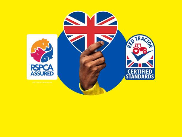 RSPCA Assured and Red Tractor Certified Standards logos with a hand holding a Union Jack heart.