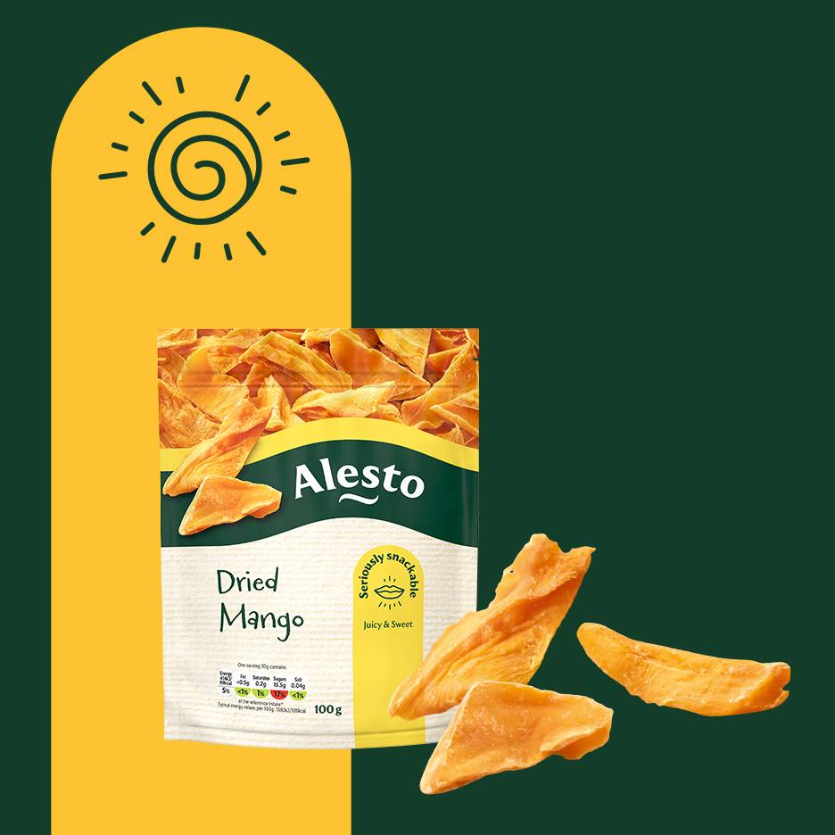 A pouch of dried mango with loose pieces, set against a green and yellow background with a sun graphic.