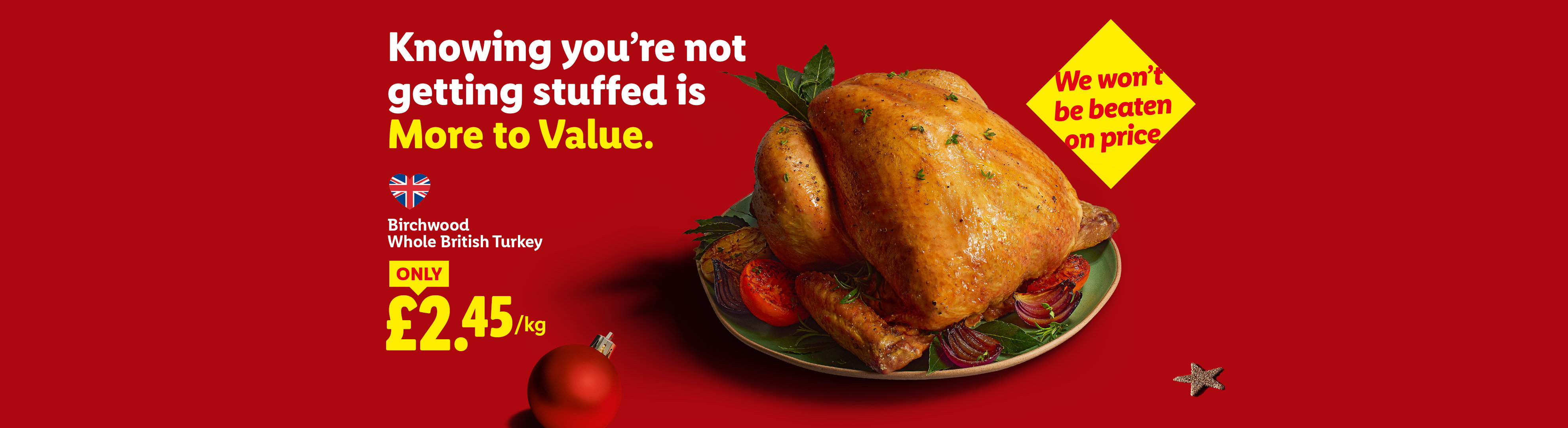 Birchwood Whole British Turkey for £2.45/kg, with text 'Knowing you're not getting stuffed is More to Value' and 'We won't be beaten on price'.