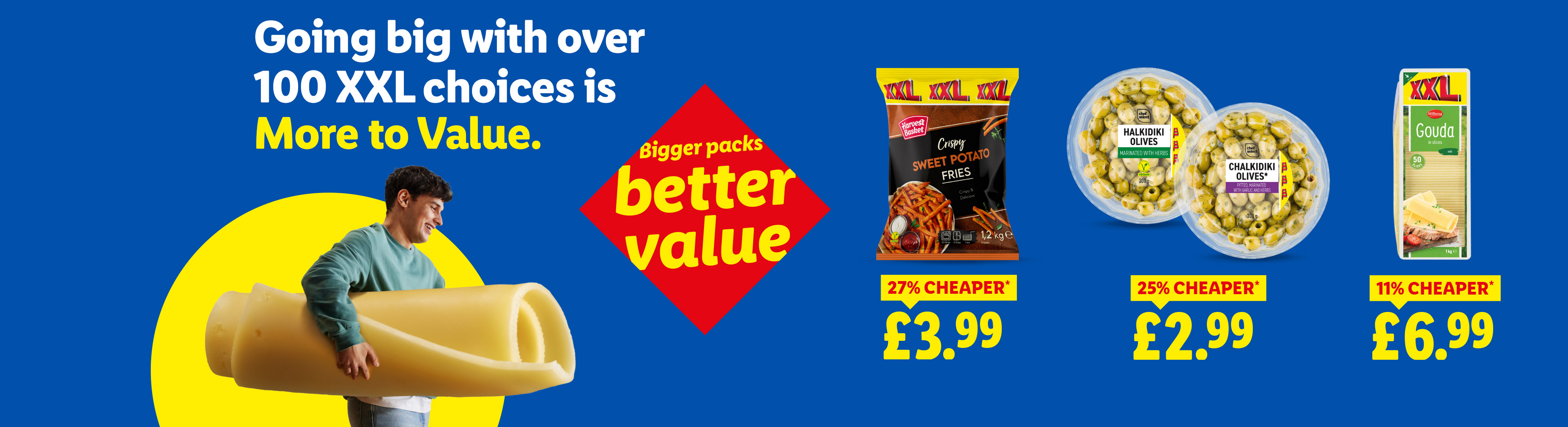 Lidl's XXL range with sweet potato fries, Halkidiki olives, and Gouda cheese.