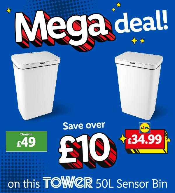 An advertisement for a Tower 50L Sensor Bin, showing a Dunelm price of £49 and a Lidl price of £34.99.