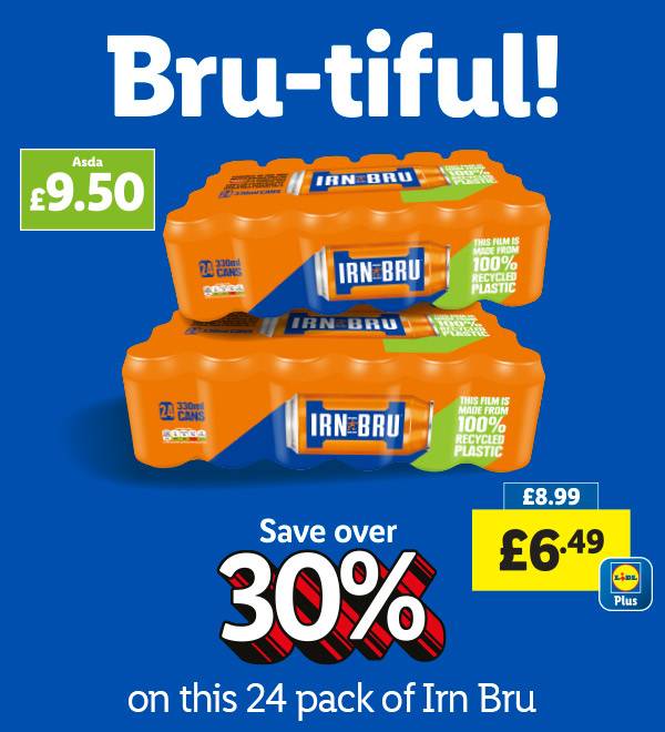 An advertisement for a 24-pack of Irn Bru, comparing prices between Asda and Lidl.