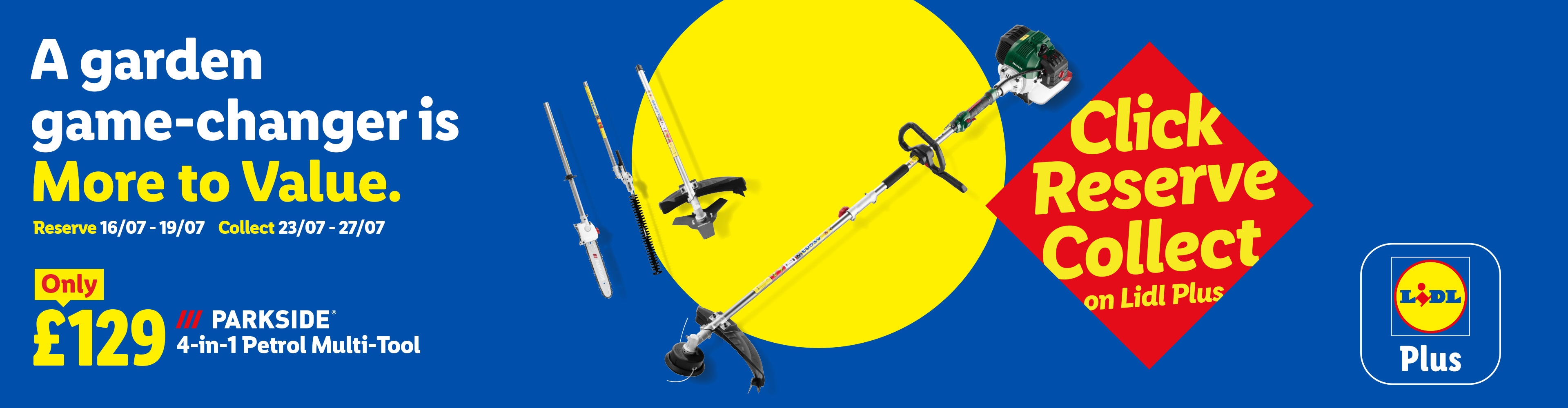 A garden multi-tool with various attachments, advertised as a 'game-changer' for £129, available for reservation and collection via Lidl Plus.