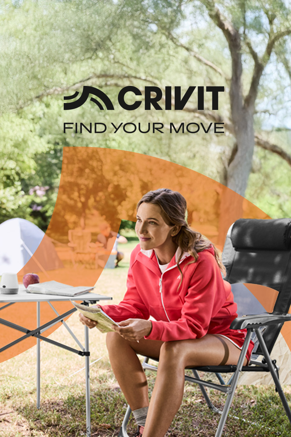 Woman in red jacket and shorts sitting on a camping chair, reading a map, with a camping table and tent in the background. Text: FIND YOUR MOVE.