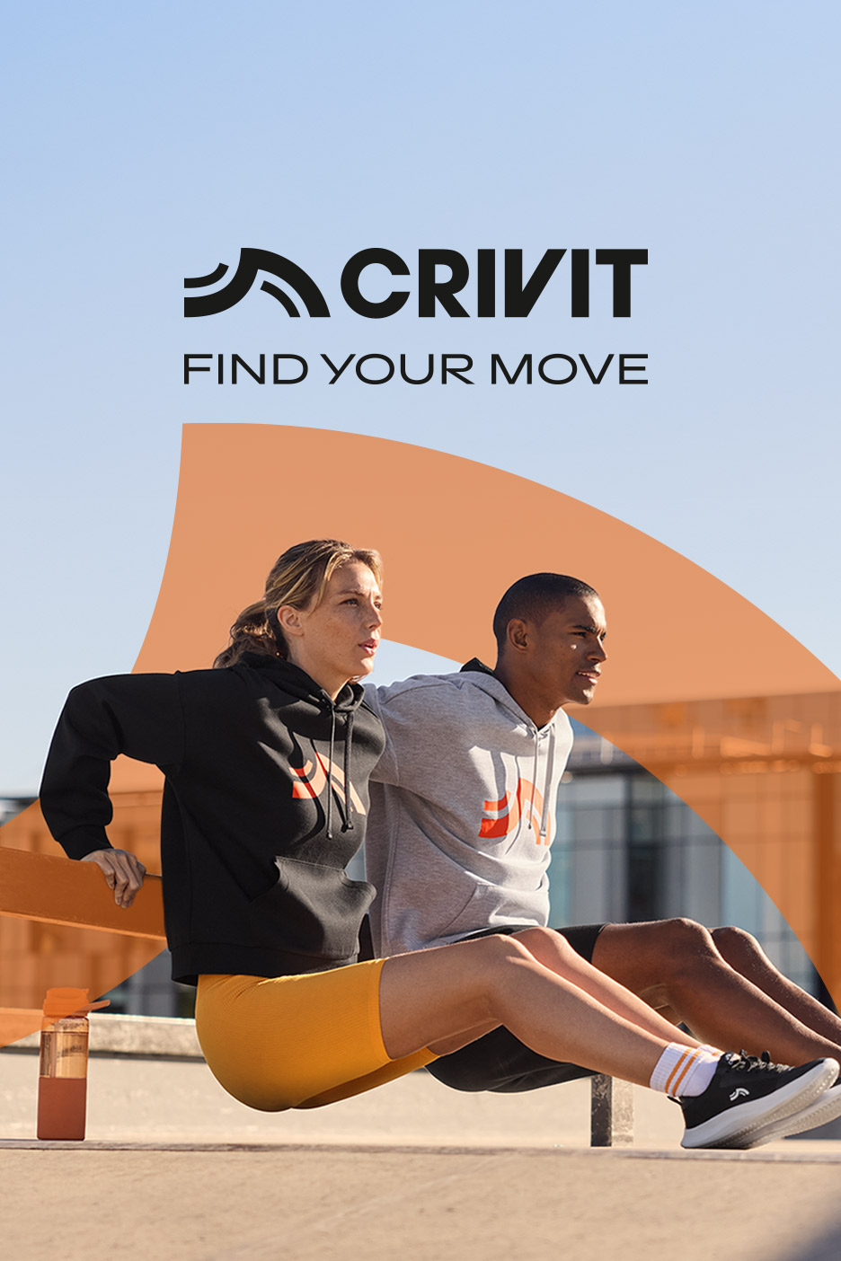 Two people in hoodies and athletic shorts doing tricep dips outdoors, with text 'FIND YOUR MOVE'.