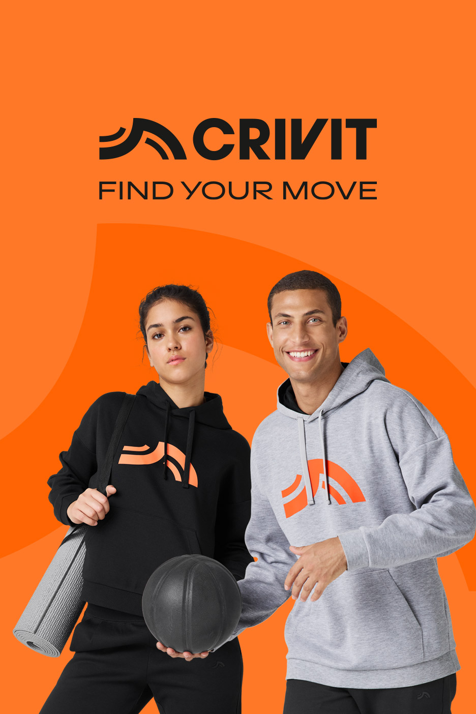 Two people in hoodies, one holding a yoga mat and basketball, with text 'FIND YOUR MOVE'.