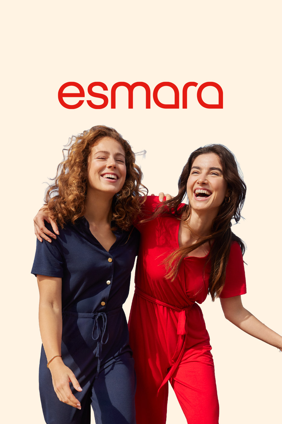 Two smiling women in jumpsuits, one navy and one red, with text 'esmara' above.