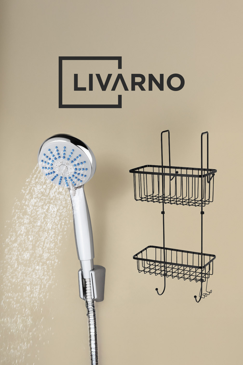 Shower head spraying water next to a black two-tier shower caddy with hooks.