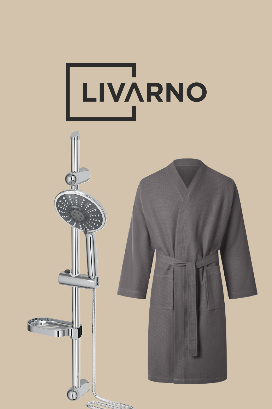 A chrome shower bar with a shower head and a grey bathrobe on a beige background.