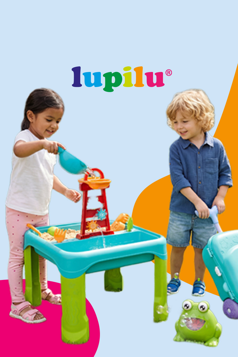 Two children playing with a sand and water table, featuring a water tower and sand toys.