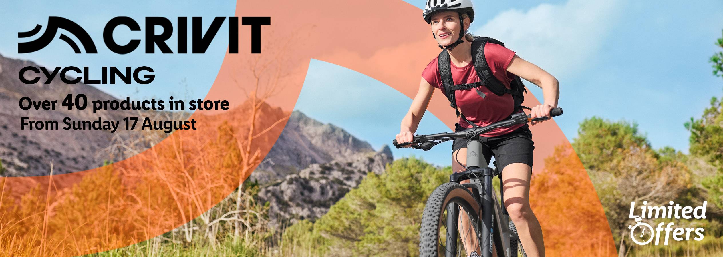 Crivit cycling collection: Over 40 products available in store from August 17th. Limited time offers.