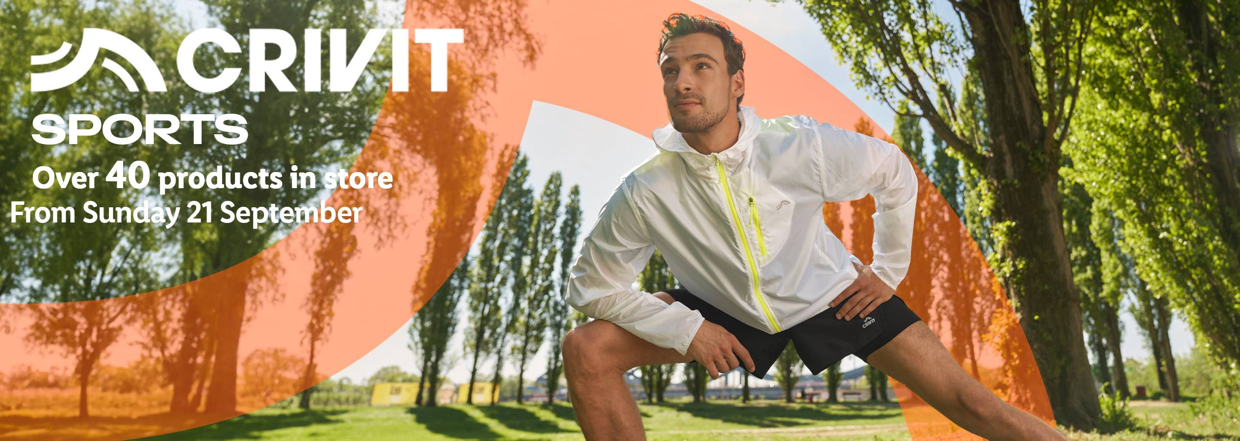 Man in Crivit sports apparel stretching outdoors, advertising over 40 products.