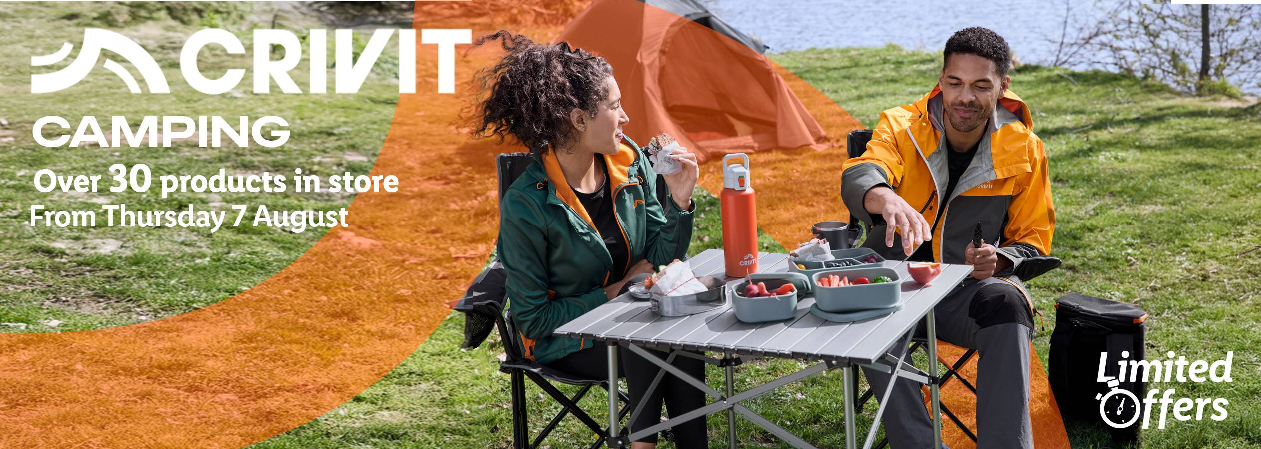 Crivit camping gear: table, chairs, food containers, and water bottle.