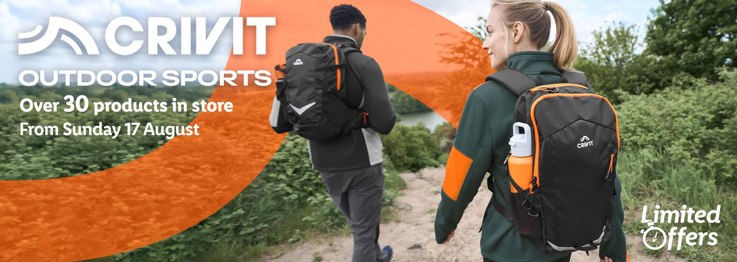 Crivit outdoor sports backpacks and other gear are available in store from August 17th. Limited time offers.