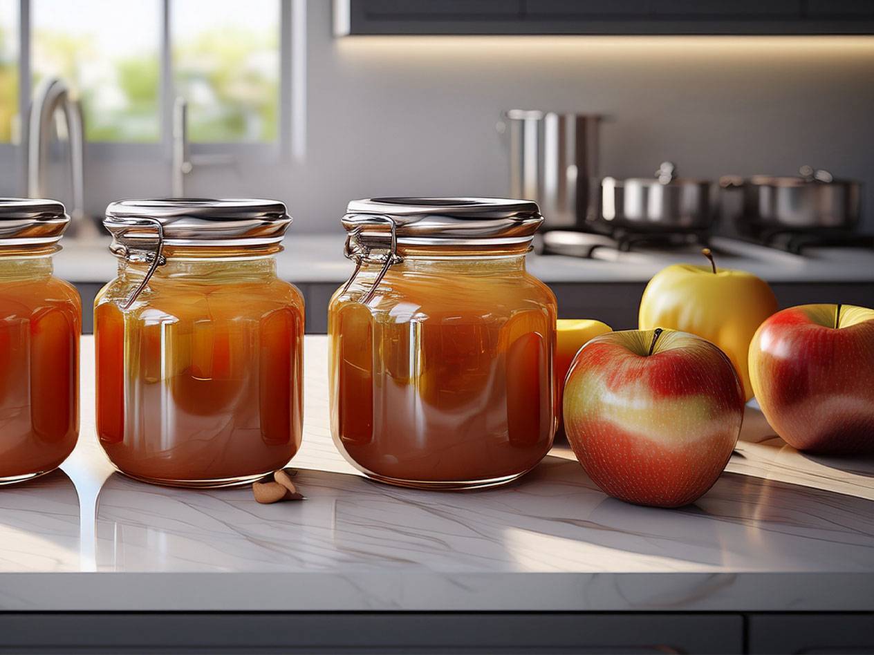 Three jars of apple butter and fresh apples on a kitchen counter.