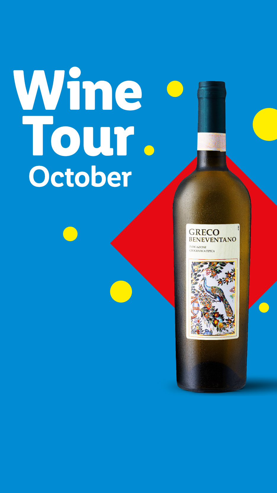 A bottle of Greco Beneventano wine on a blue background with 'Wine Tour October' text.
