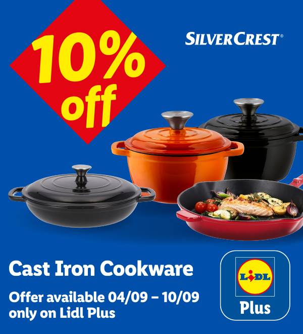 SilverCrest cast iron cookware with a 10% off offer for Lidl Plus members.