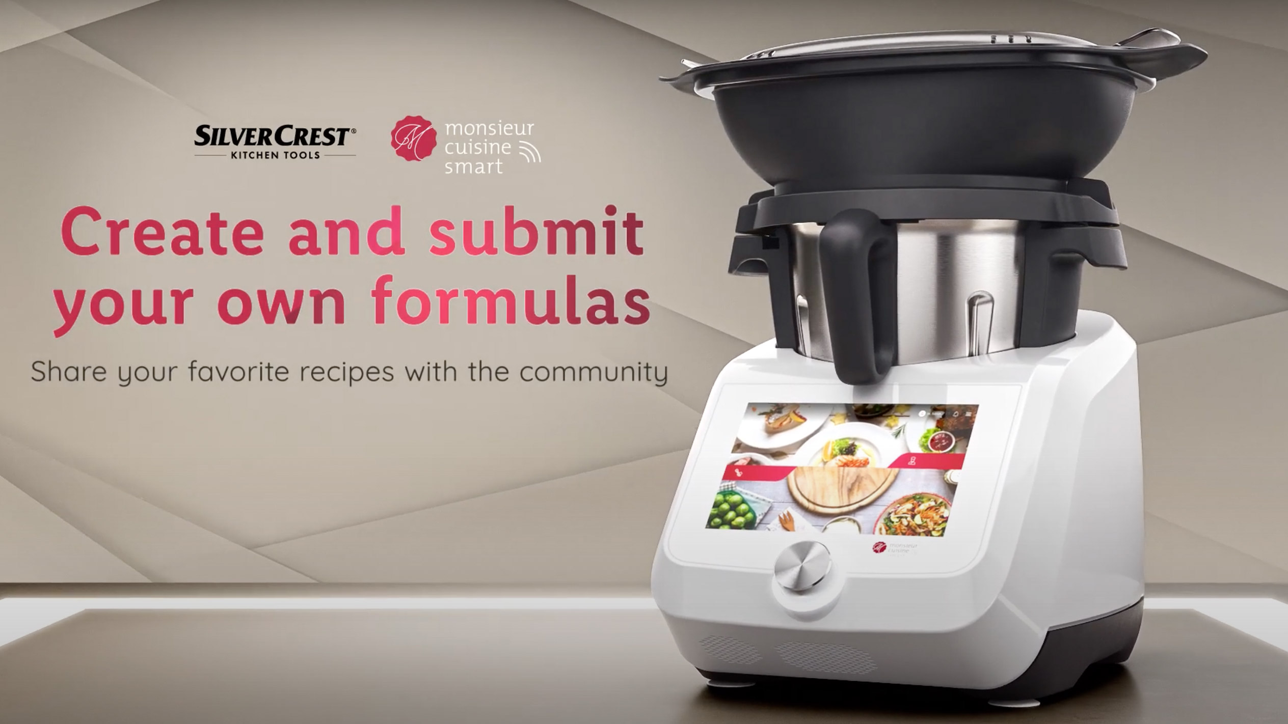 A SilverCrest Monsieur Cuisine Smart kitchen appliance with a screen displaying recipes.