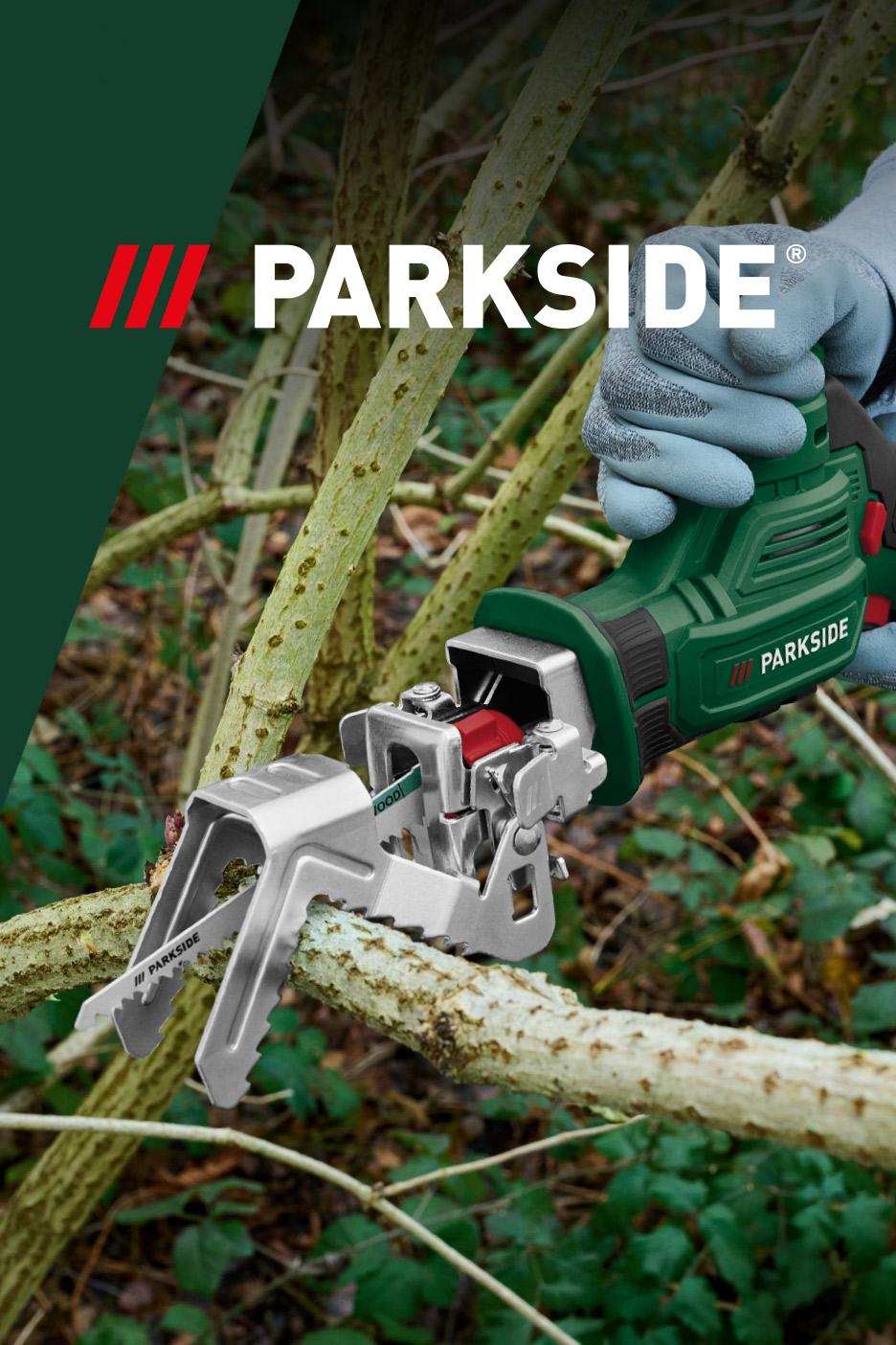 A person wearing gloves uses a green reciprocating saw to cut a tree branch.