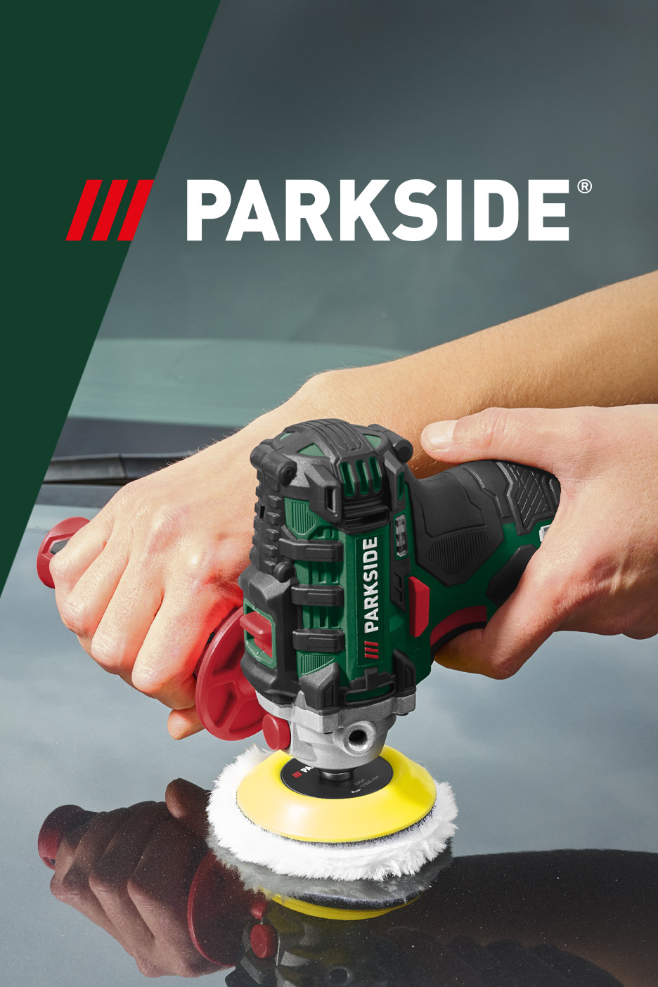 Cordless polisher in use on a dark surface, with a logo in the top left corner.