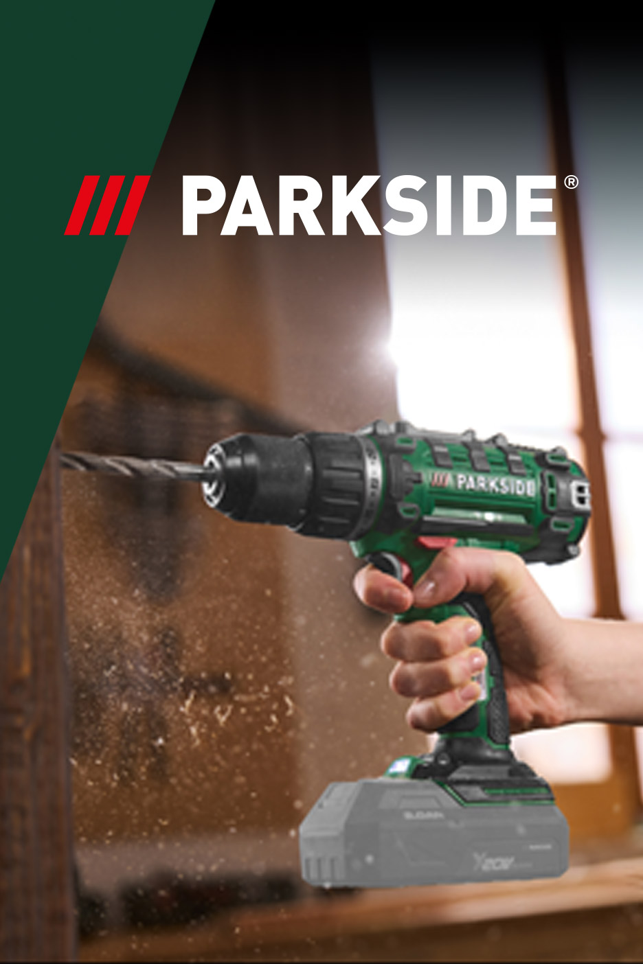 A person drilling into wood with a cordless drill, creating sawdust.