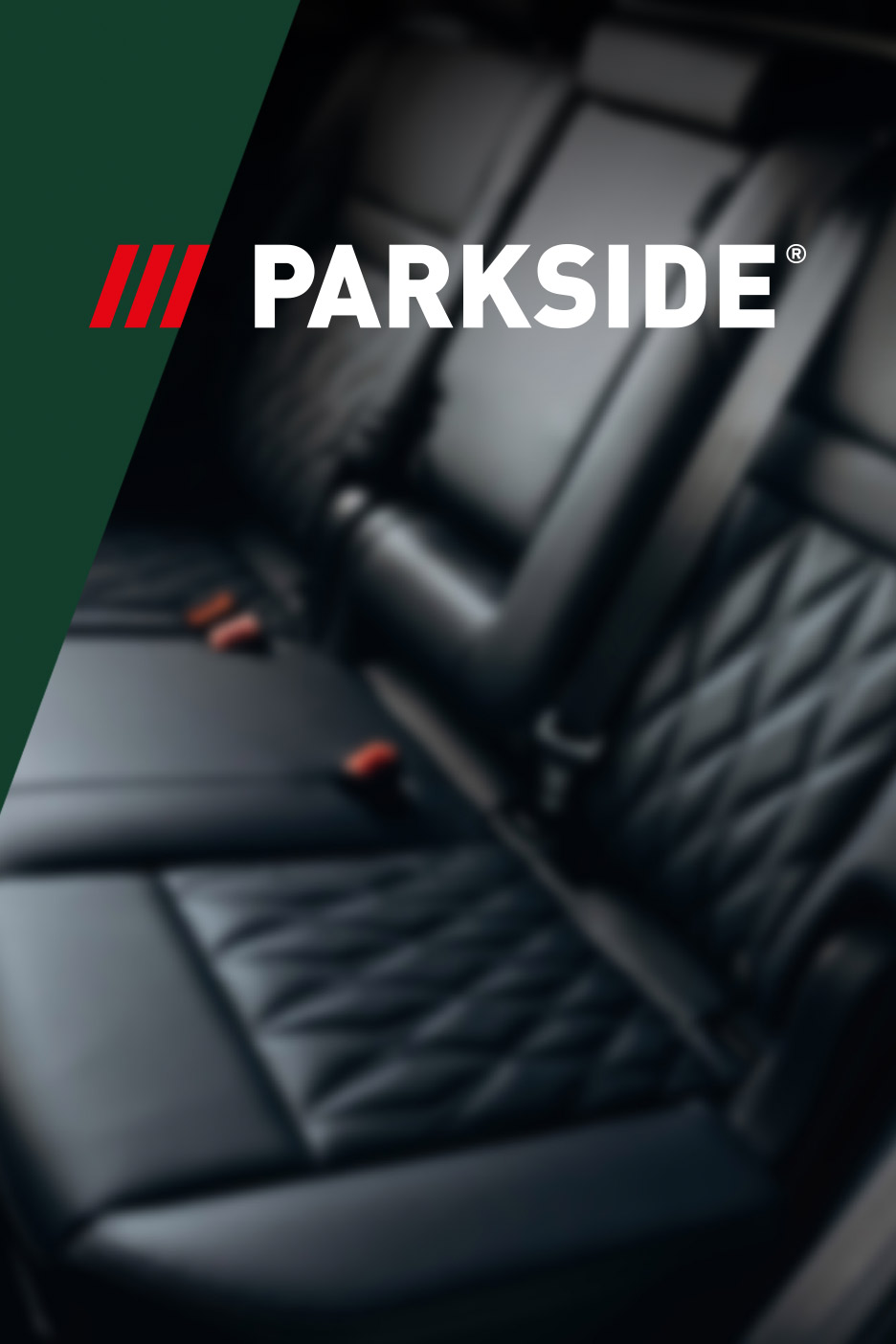 White text on a dark green background, with a blurred image of car seats in the background.